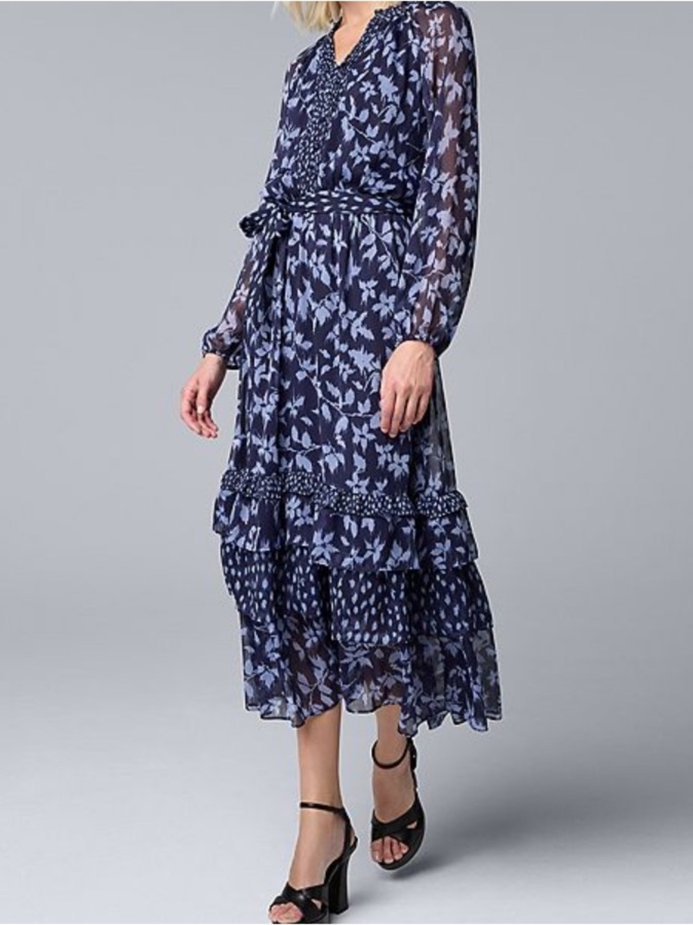 Simply Vera Wang, Elegant Blue Patterned Dress with tiered ruffle self tie belt